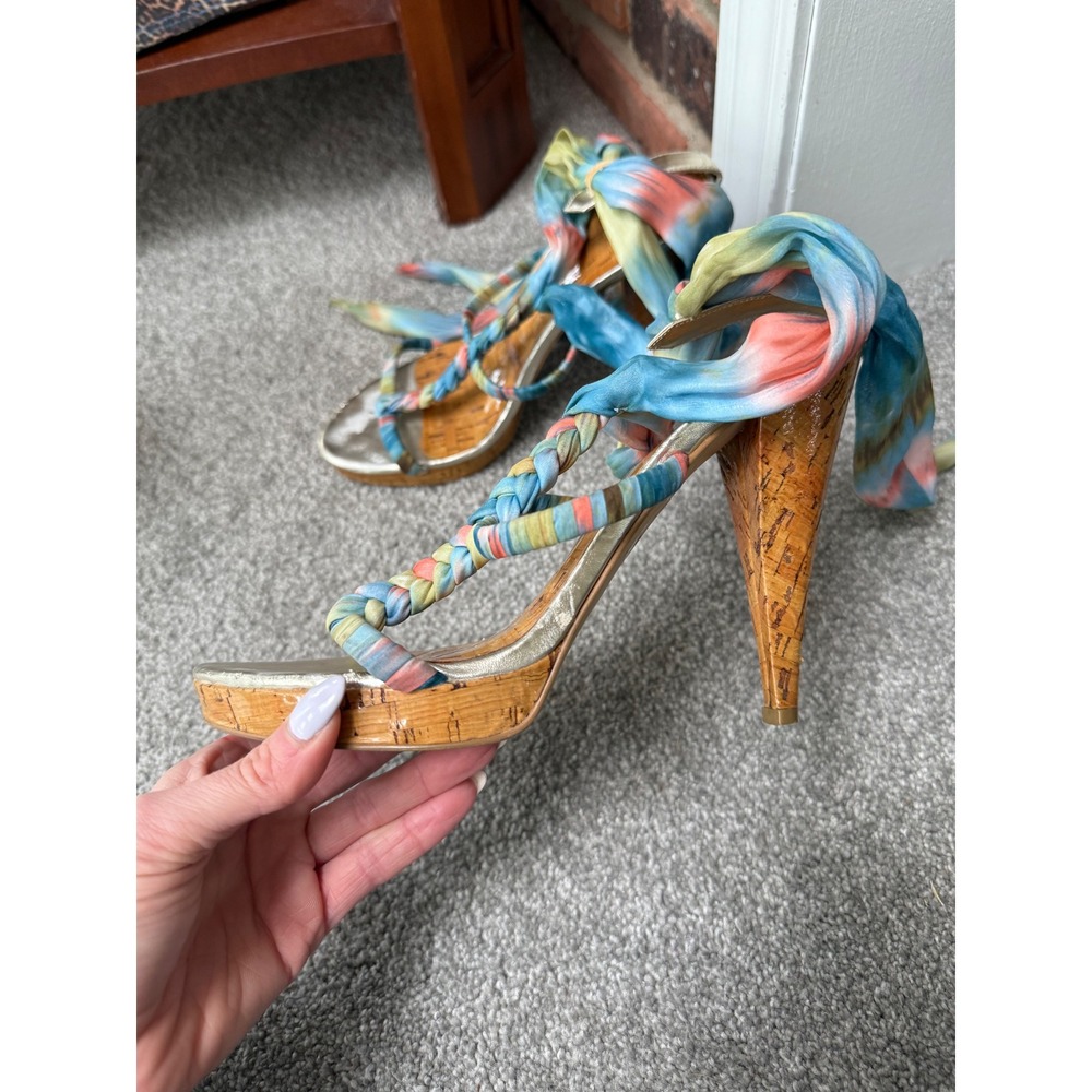 Y2K Tie Dye Ankle Wrap Cork Platform Sandals Multi Color Size 8.5 - Picture 6 of 6